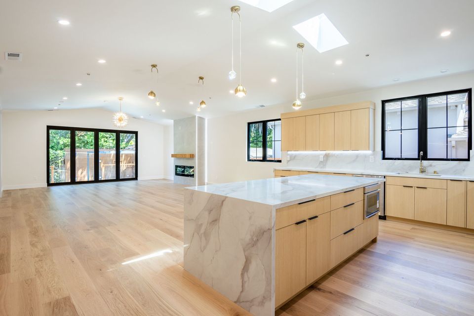 Open kitchen and great room in a San Carlos home